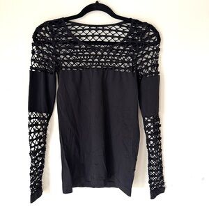 VENUS Black Open Crochet Long Sleeve Top